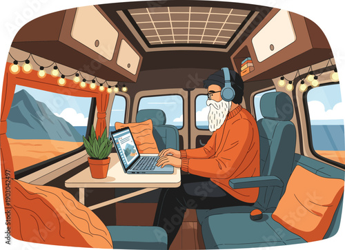 Digital nomad working inside converted camper van, laptop on small fold-down desk, cozy interior with string lights, mountain or beach visible through window