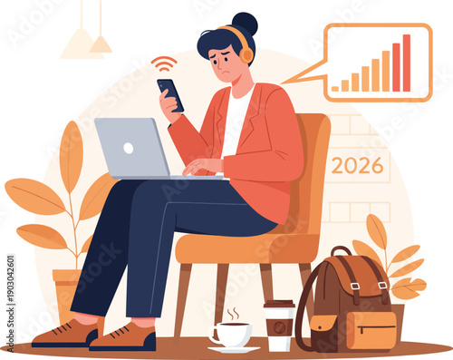 Remote worker sitting with laptop checking phone signal strength, frustrated expression looking for WiFi, coffee cup, backpack on floor, cafe setting