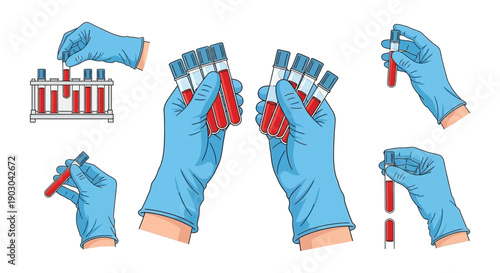 Hands holding test tubes and a rack with blood samples for analysis