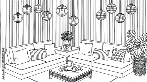 Cozy seating area with two sofas adorned with patterned pillows, a coffee table with cups, hanging lanterns, a potted plant, and a vase of flowers on a side table.