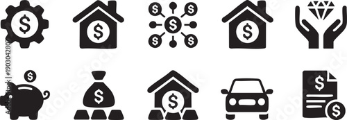 White Dollar Sign Icons and Car Silhouette on Transparent Background money finance