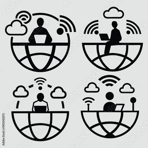 Global connectivity people working remotely with laptops and wireless signals