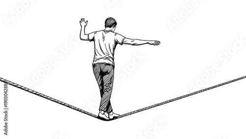 A person balances on a tightrope, arms outstretched for stability. The black-and-white sketch captures focus and concentration in a minimalist style.