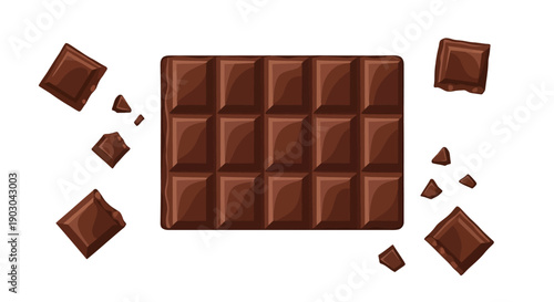 Chocolate bar with broken pieces on white background