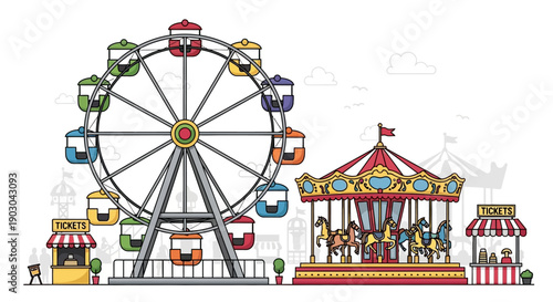 Colorful amusement park scene with ferris wheel and carousel illustration