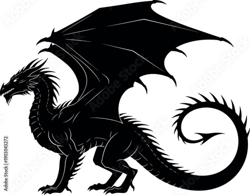 Black dragon silhouette vector, mythical fantasy creature with wings, medieval legendary beast, fire breathing monster icon, gothic dragon art, aesthetic, fairytale.