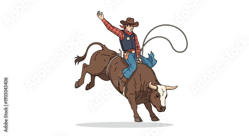 Cowboy Riding a Bull in Dynamic Rodeo Illustration