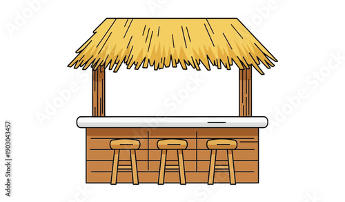 A cartoon illustration of a wooden tiki hut bar with four stools underneath a thatched roof