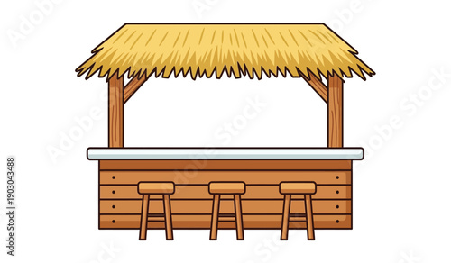 A colorful cartoon illustration of a wooden tiki bar with three stools and a thatched roof