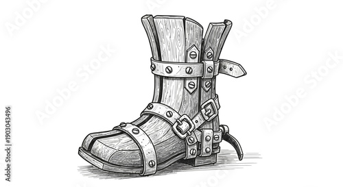 Hand-drawn sketch of a vintage leather boot with buckles and straps