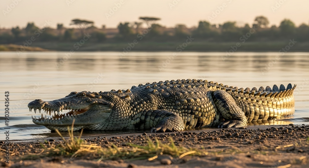 Fototapeta premium Massive Crocodile Resting by the Water Edge at Sunset