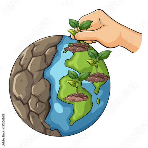Hand holding plant growing on cracked earth globe with green leaves and brown soil
