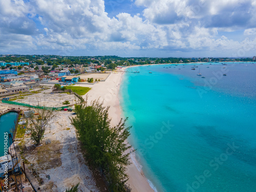 Brownes Beach aerial view at Carlisle Bay in city of Bridgetown, Saint Michael, Barbados. This coast belongs to Bridgetown and Garrison UNESCO World Heritage Site. 
