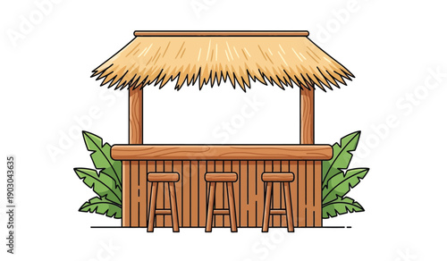 Cuadro en lienzo A colorful cartoon illustration of a tiki hut bar with stools and tropical leave