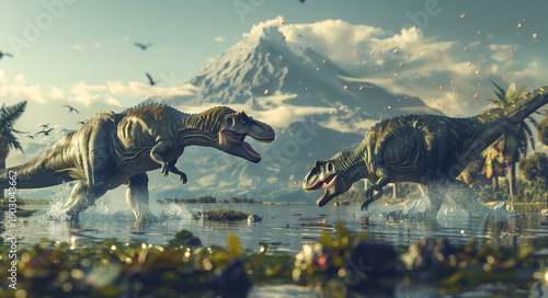 Two Large Theropod Dinosaurs Facing Off in a Prehistoric Lake with Volcanic Mountain Background.