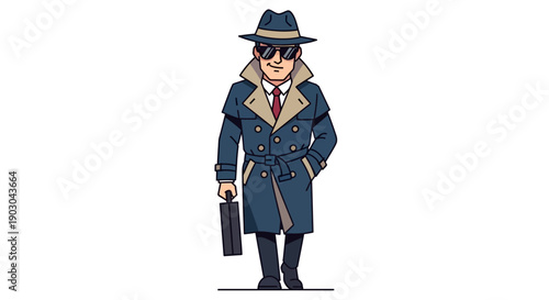 Cartoon detective character in trench coat with briefcase and hat