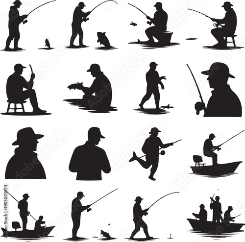 black silhouettes of men fishing in various poses and on boats