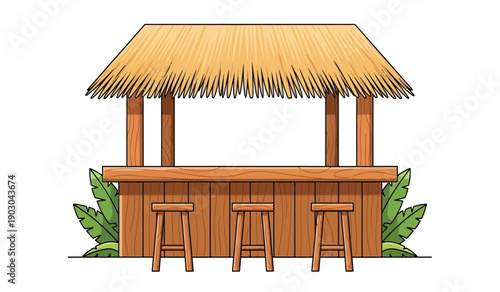 Illustration of a tropical tiki hut bar with stools and thatched roof