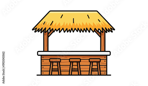 A colorful cartoon illustration of a wooden tiki bar with stools and a thatched roof