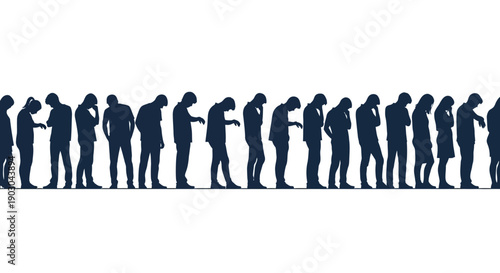 Silhouette of a diverse group of people standing in a line, all looking down intently at unseen devices in their hands or contemplating deeply with bowed heads.