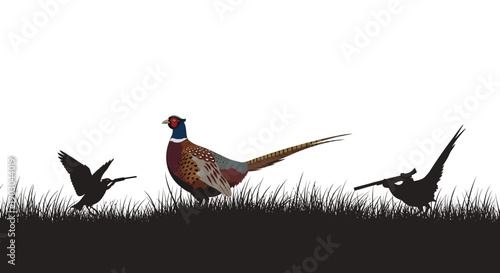 Silhouette of Pheasant and Hunters in Grassy Landscape