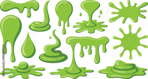 Green Slime and Liquid Goo Splatter Collection, Monochrome Lime Green Drip and Splat Icon Set, Stylized Toxic Waste and Radioactive Ooze Illustrations, Playful Cartoon Slime Puddle and Drop Vector.