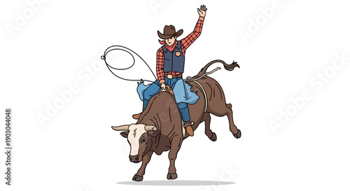 Cowboy Riding a Bull in Dynamic Rodeo Illustration