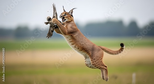 Fototapeta Caracal Wild Cat Leaping to Catch a Bird in Mid Air