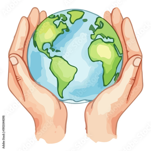 Hands cradling the Earth, symbolizing care, protection, and global unity in a simple illustration, viewed from the front.