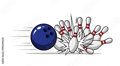 Blue bowling ball striking pins in dynamic cartoon style
