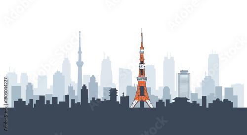 Silhouette of Tokyo skyline with iconic tower in foreground