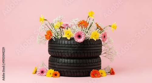 Bright Spring Flowers Arranged in Stacked Black Tire Planter Against Soft Pink Background