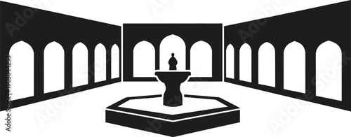 Black and white illustration of a fountain in a courtyard with arched windows