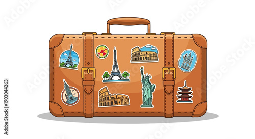 Vintage leather suitcase with travel stickers from famous landmarks