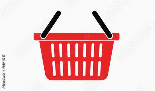 A red shopping basket icon with black handles on a for ecommerce or retail concepts