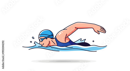 Illustration of a swimmer in action with blue swim cap and goggles