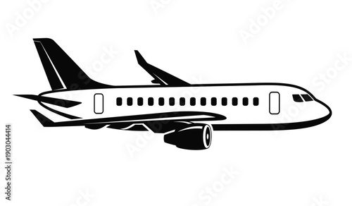 Black and white illustration of a commercial airplane flying