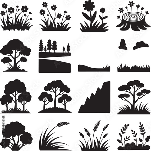 black silhouettes of trees and flowers on white background