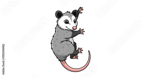 Cartoon opossum character on white background in playful pose