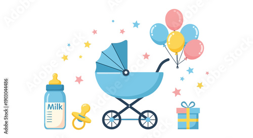 Colorful baby shower elements with stroller, balloons, and milk bottle