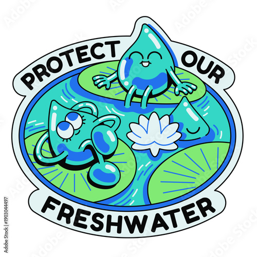Illustration of smiling water droplets on lily pads with a flower promoting freshwater protection 59