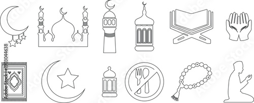 Ramadan Islamic religious icon set in flat and outline style, mosque lantern crescent moon prayer and Quran symbols collection, black monochrome vector group isolated on transparent background