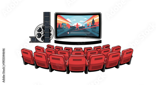 Cinema auditorium with red seats and large movie screen illustration