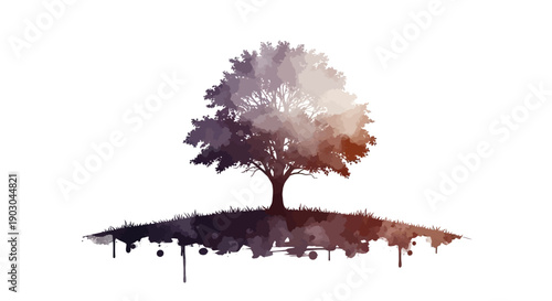 Artistic silhouette of a lone deciduous tree standing firmly upon a small mound of earth rendered in a dramatic watercolor ink wash style.