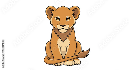 Cute cartoon lion cub sitting on white background