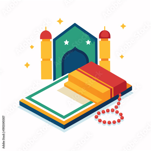 Isometric illustration of an islamic book with a mosque backdrop