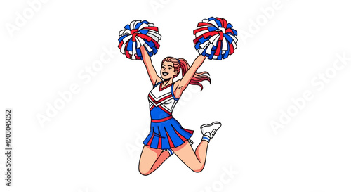 Cheerful cheerleader jumping with pom-poms in vibrant uniform