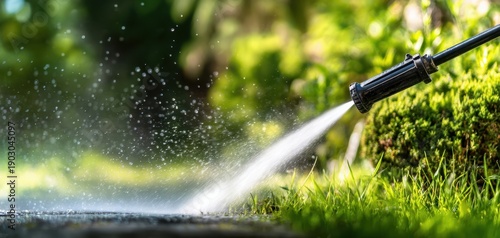 The Hose Nozzle Spraying Fresh Water Over Green Lawn and Moss
