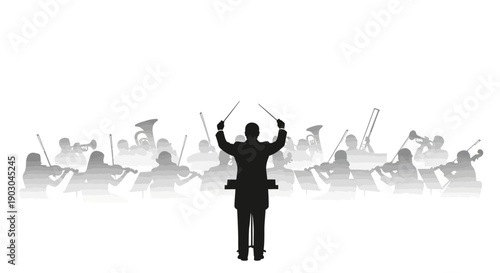 Silhouette of a professional music conductor dramatically leading a large, fading symphony orchestra ensemble composed of strings and brass instruments during a live performance.