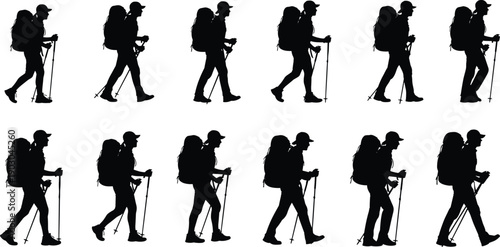 Sequence of hiking silhouettes showing person with backpack and trekking poles in walking motion stages, ideal for outdoor activity, animation, and motion study projects
